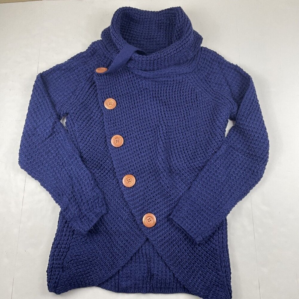 Grecerelle Cowl Neck Sweater Women’s M Navy Chunky Knit  Large Button Cozy